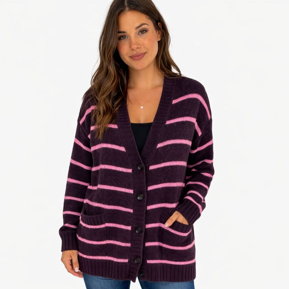 LulaRoe Lucille Cardigan Black Pink Stripped Sweater Medium